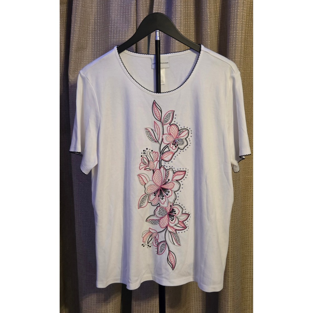 Alfred Dunner Floral Embroidery Silver Rhinestones T-Shirt Women's Size Large